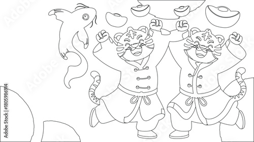 Outline Two Joyful Tiger Characters with Gold Ingots and a Carp Fish Design
