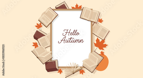 A cozy autumn greeting with 'Hello Autumn' text framed by vintage books and falling maple leaves on a warm background.