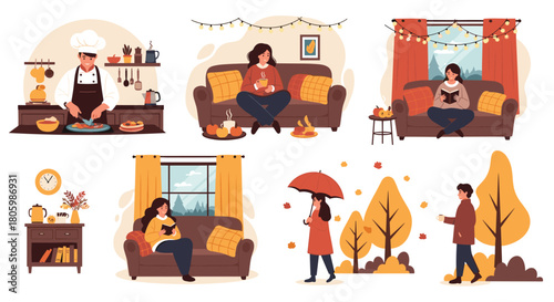 People enjoy cozy autumn activities like cooking, reading, and walking outdoors amidst fall foliage, embracing the seasonal comfort.