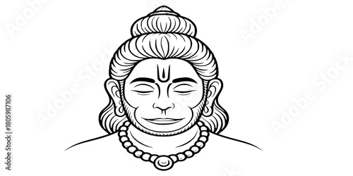 Meditating Lord Hanuman Face Line Art, Hindu Deity, Peaceful Devotion, Spiritual Vector Illustration