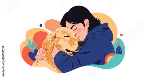 A loving woman embraces her golden retriever dog, illustrating the deep bond and affection between humans and pets.