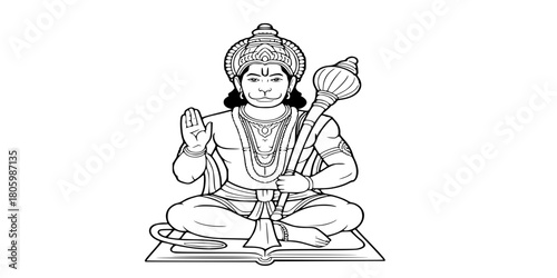 Seated Lord Hanuman Meditating with Gada, Abhaya Mudra, Hindu Deity Line Art Vector Illustration