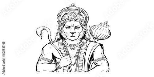 Majestic Lord Hanuman Line Art Illustration, Hindu Deity, Mythology & Strength Vector Graphic