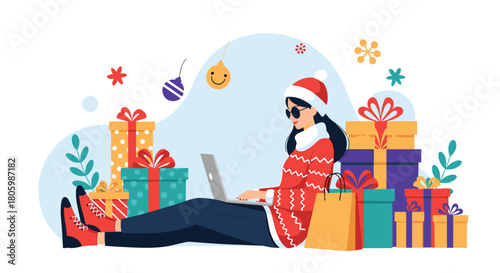 A woman in a Santa hat and festive sweater is online shopping on her laptop, surrounded by numerous Christmas gift boxes and shopping bags.