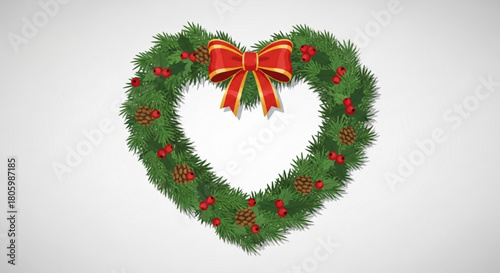 A heartshaped christmas wreath, adorned with a red bow, pine cones, and berries, is presented against a clean white backdrop, symbolizing holiday cheer and festive decoration