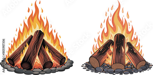 Burning campfire with wooden logs and bright flames, detailed outdoor fire illustration for camping, adventure, survival, and nature design projects