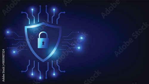 digital padlock with shield and futuristic circuit board on blue background with copy space. cyber security and internet fraud prevention