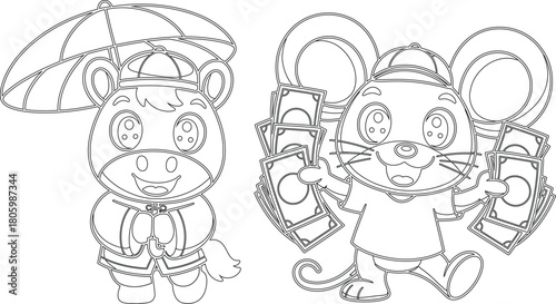 Outlined Bear with Umbrella and Mouse with Money Coloring Page for Kids