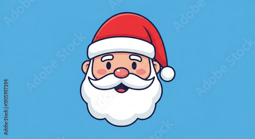 A cheerful cartoon santa claus face with a red hat, white beard, and rosy cheeks, radiating holiday joy and festive spirit on a bright blue background