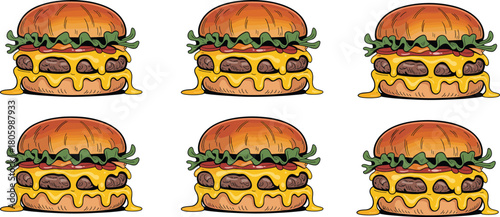 Delicious cartoon cheeseburger pattern with melting cheese, juicy beef patties, lettuce, tomato, fast food illustration ideal for menus, branding, and packaging