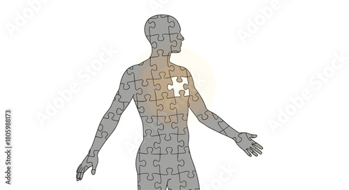 Human body composed of puzzle pieces with one missing piece, Generative AI.