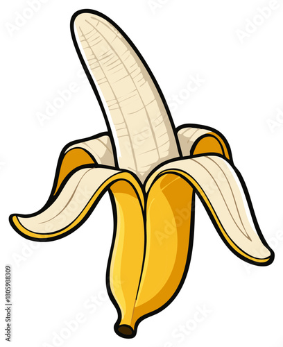 Cartoon style illustration of a single peeled yellow banana fruit
