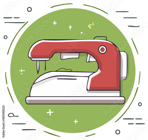 Retro Style Sewing Machine Illustration With Green Circle Background