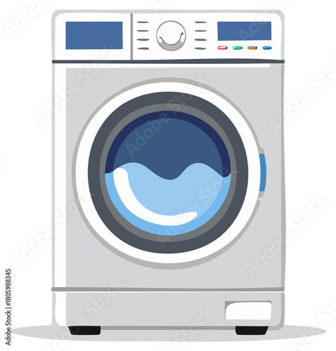 Modern Front Load Washing Machine With Water Inside Drum And Digital Control Panel