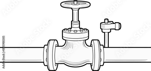 Industrial pipeline valve drawing with mechanical handwheel, pressure control device, plumbing system regulation component for engineering, utilities and maintenance operations