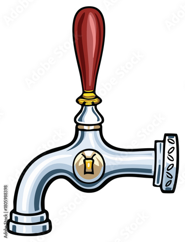 Cartoon Beer Tap Faucet with Red Handle and Golden Mug Emblem Illustration