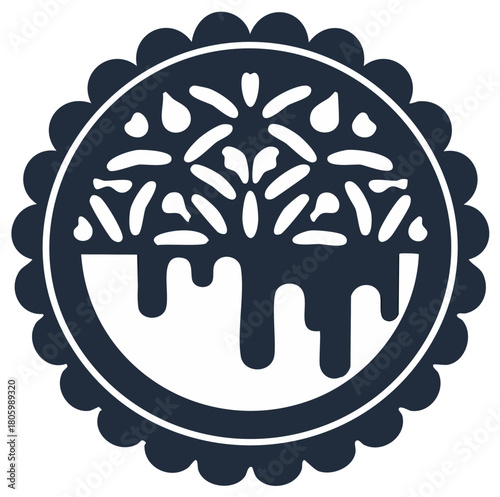 Stylized round cookie or pie icon with chocolate glaze and sprinkles flat vector graphic