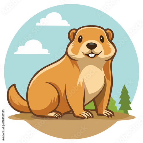 Adorable cartoon groundhog or woodchuck sitting outdoors smiling cheerfully