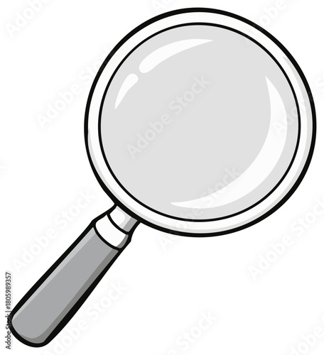 Grayscale cartoon magnifying glass icon for search, discovery, and investigation concepts.