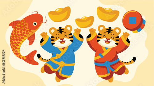 Playful Tigers, Golden Ingots, and Lucky Coin A Joyful Chinese New Year Celebration Illustration