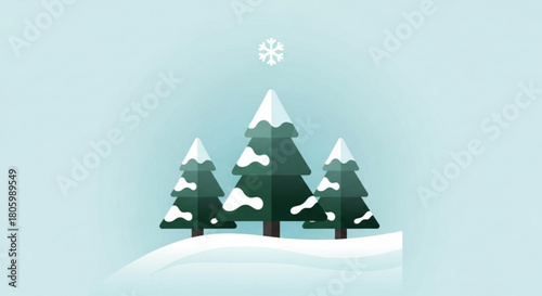 A serene winter landscape illustration featuring snowcovered pine trees and a gentle snowfall, creating a peaceful and festive atmosphere for the holiday season