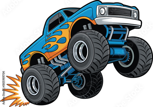 Powerful monster truck illustration with flaming graphics, oversized wheels, dynamic off-road action, high suspension design, and bold colorful automotive artwork