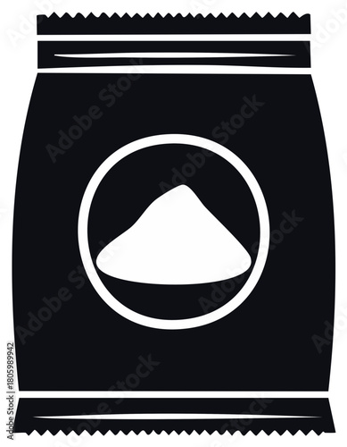 Simple black and white icon of a sealed bag with a circular cutout revealing a pile of powder