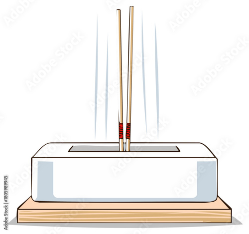 Rising Incense Sticks for Religious Ceremony on Wood Tray with Light Streak Smoke
