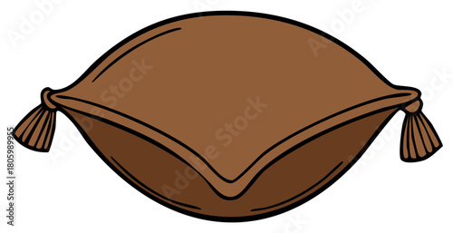 Brown decorative pillow with tied tassels, outlined cartoon vector illustration