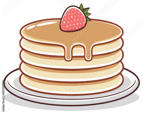 Stack of Delicious Pancakes Topped With Strawberry and Drizzled Syrup