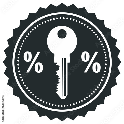 Discount key badge illustration. Promo deal concept with key icon and percentage symbols.