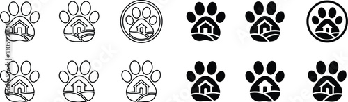 Paw Print with Dog House Icon Set – Gradient Transition from Light to Dark for Pet App UI, Logo Design, and Animal Shelter Branding