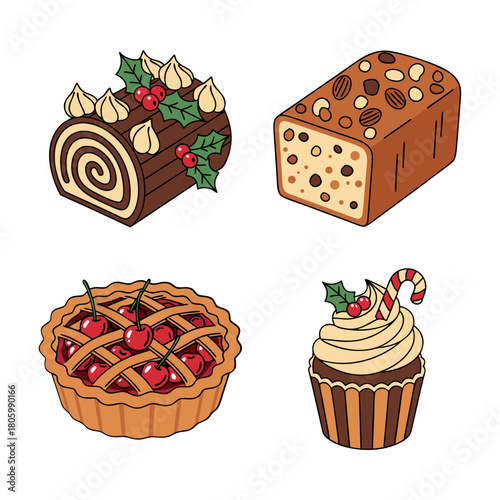 Set of festive Christmas dessert illustrations including a yule log cake, a fruitcake loaf, a cherry pie, and a holiday-themed cupcake.