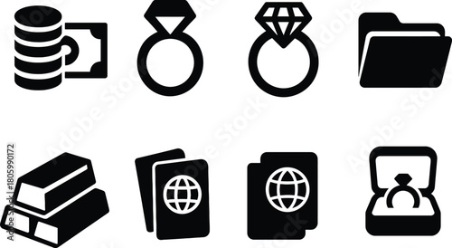 Valuables and Identity Icon Set – Black Line Symbols of Money, Rings, Gold Bars, Passports, and Folder for Finance, Travel, Jewelry, and Personal Milestone Projects