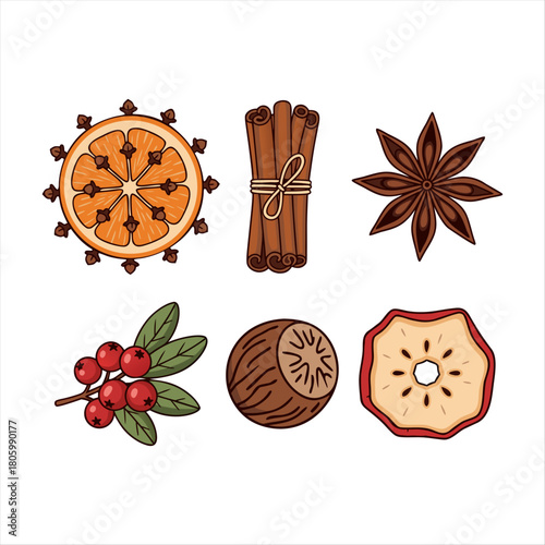 Collection of hand-drawn spice icons including dried orange slice, cinnamon sticks, star anise, cranberries, nutmeg, and dried apple stick., food, collection, nut, brown, christmas, wooden, cinnamon, 