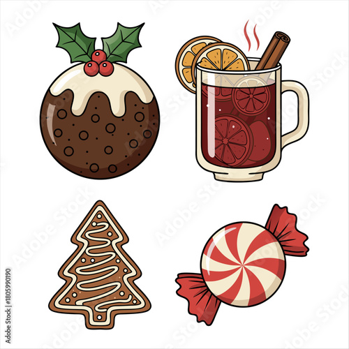Set of cute Christmas-themed illustrations including a holiday pudding, a mug of mulled wine with cinnamon and orange slices, a gingerbread tree cookie, and a peppermint candy.