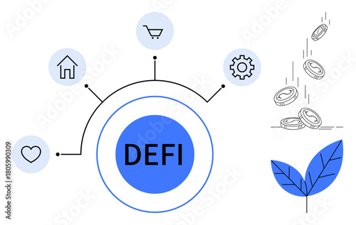 Circular DeFi graphic with icons of a house, heart, gear, and shopping cart connected to central hub. Coins dropping into leaves. Ideal for finance, technology, growth, investment innovation