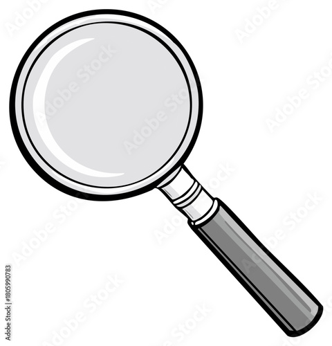 Cartoon magnifying glass illustration with black outline and gray handle