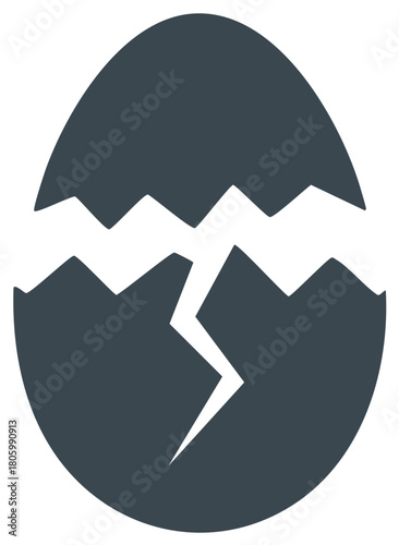 Simple flat vector icon of a cracked eggshell. Minimalist graphic for birth, hatching, or fragility concepts.