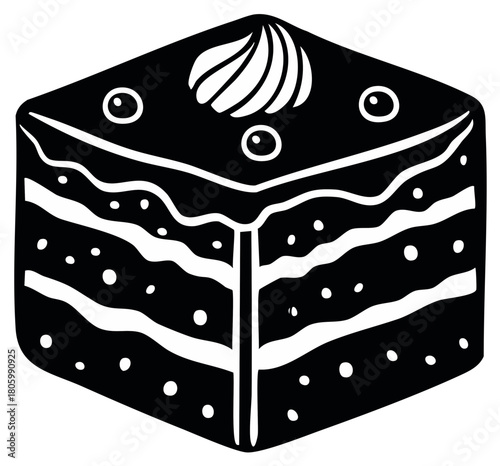 Black and white vector icon of a layered cake slice with cream frosting