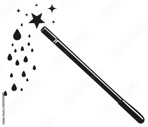 Magic wand icon with dripping black liquid drops and sparkling stars vector illustration
