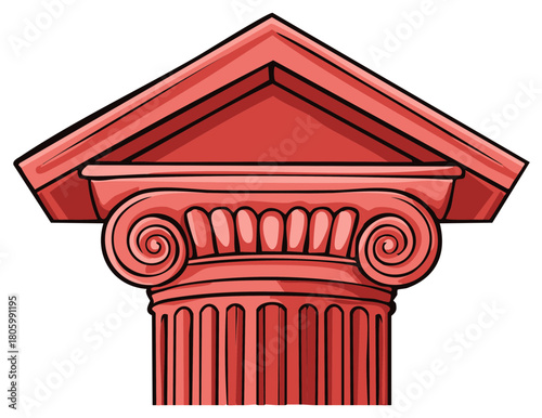 Red Ionic column capital with pediment illustration ancient architecture graphic design element