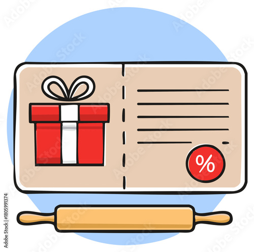 Cartoon illustration of a bakery gift certificate or discount coupon with a rolling pin.