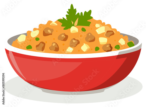 Hearty Goulash Stew with Vegetables and Meat Chunks in a Red Bowl Garnished with Parsley