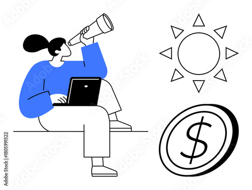 Woman with telescope and laptop searching for opportunities, sun symbolizing vision, coin representing wealth. Ideal for business, finance, entrepreneurship, investment, exploration, opportunities