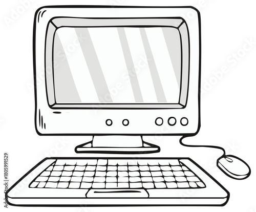 Retro desktop computer cartoon illustration. Vintage 90s technology sketch with monitor and keyboard.