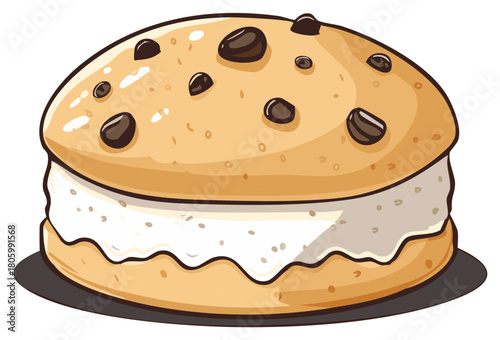Delicious Cartoon Cookie Ice Cream Sandwich Illustration with Chocolate Chips Delightful Pastry Treat