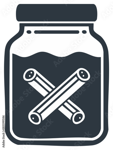 Stylized Jar Filled with Liquid and Cinnamon Sticks Forming a Crossed Pattern Simple Design