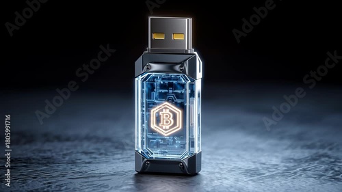 Futuristic encrypted usb drive digital security with transparent casing and blue glow, macro detail data protection cyberpunk style tech gadget crypto security neon glow metal glass blend