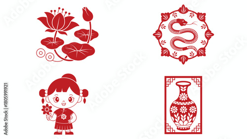 Red Chinese Paper Cutting Art Lotus, Snake, Girl Holding Flower, and Vase